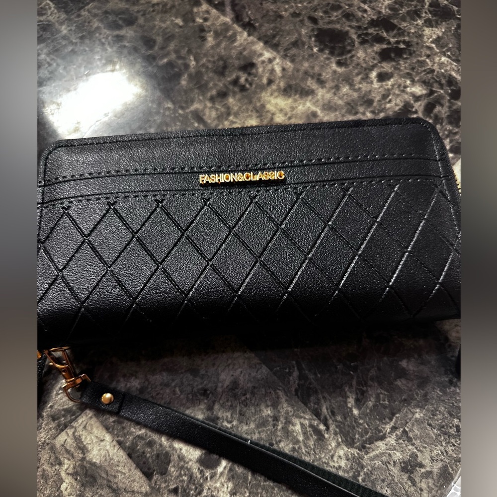 Black Quilted Wallet with Wrist Strap